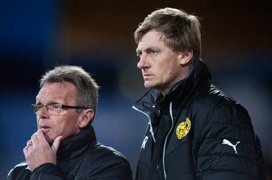 Mjällbys tränare Anders Linderoth och Patrik Rosengren i
