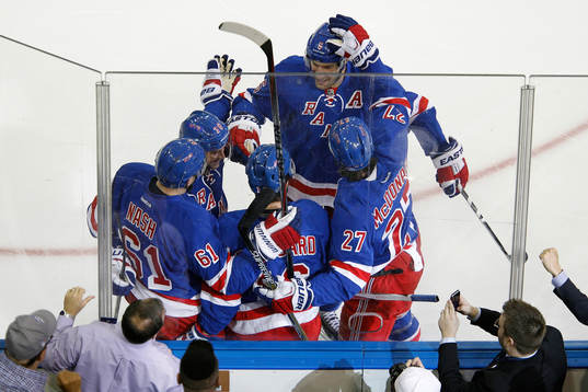 New York Rangers Derick Brassard (C) celebrates with