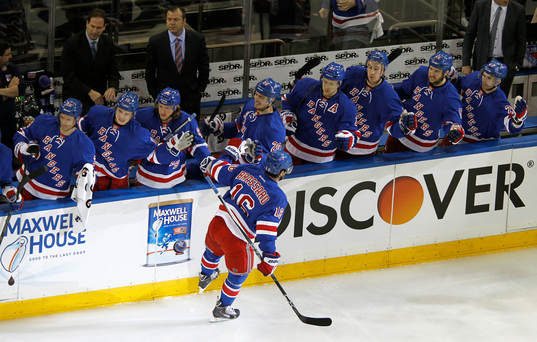 New York Rangers Derick Brassard celebrates a goal with