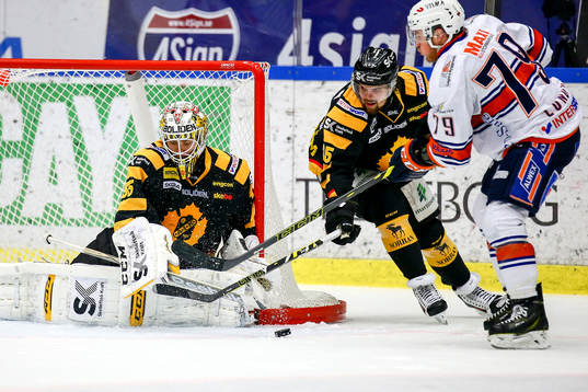 Skellefteås Axel Holmström  och målvakt Markus Svensson