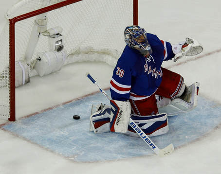 New York Rangers goalie Henrik Lundqvist in the crease