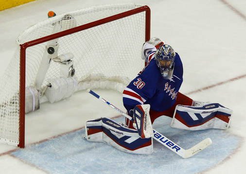 New York Rangers goalie Henrik Lundqvist makes a save