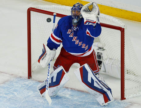 New York Rangers goalie Henrik Lundqvist makes a save