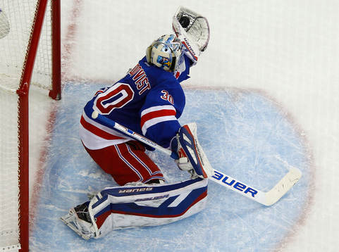 New York Rangers goalie Henrik Lundqvist makes a glove save