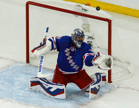 New York Rangers goalie Henrik Lundqvist makes a save