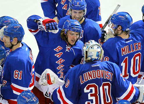 New York Rangers Carl Hagelin (C) celebrates with goalie