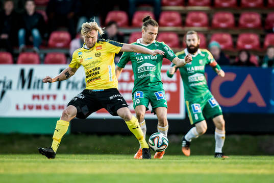 Ljungskiles Jonas Lindberg med bollen före Mjällbys Robin