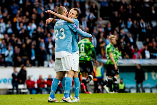 Malmö FFs Jo Inge Berget och Magnus Wolff Eikrem jublar