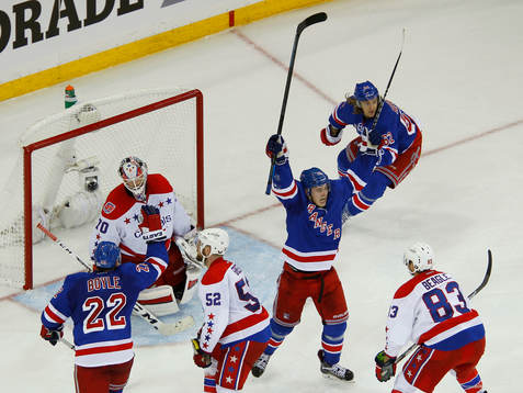 New York Rangers Jesper Fast (C) celebrates scoring