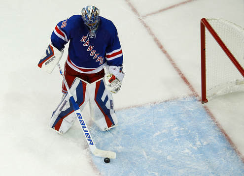 Neew York Rangers goalie Henrik Lundqvist shoots the puck
