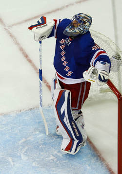 New York Rangers goalie Henrik Lundqvist looks skywards