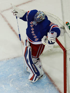 New York Rangers goalie Henrik Lundqvist hangs his head