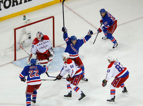 New York Rangers Jesper Fast (C) celebrates scoring