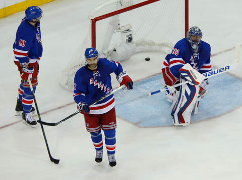 New York Rangers goalie Henrik Lundqvist kneels