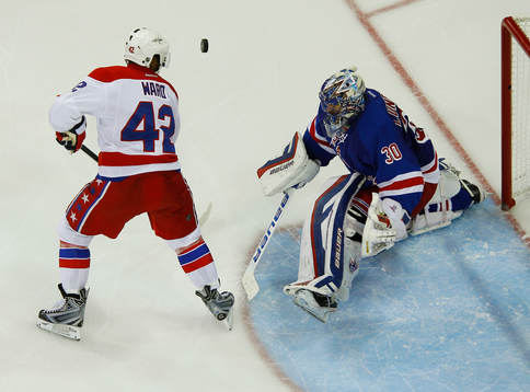 New York Rangers goalie Henrik Lundqvist makes a save