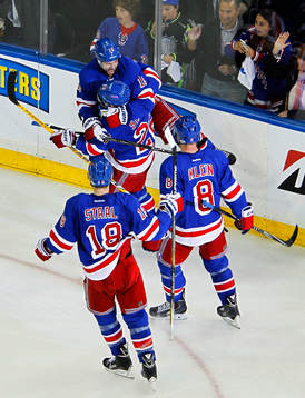 New York Rangers Derick Brassard (16) celebrates scoring a