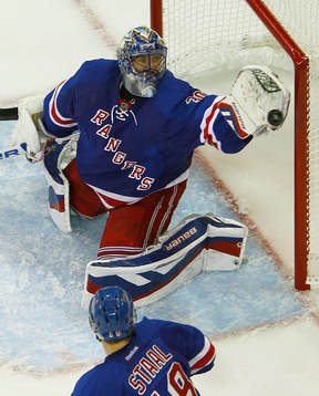 New York Rangers goalie Henrik Lundqvist makes a save