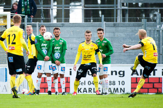 Mjällbys Robin Cederberg skjuter frispark