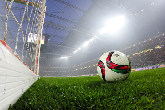 En fotboll ligger brevid målet