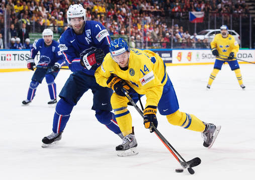 Frankrikes Yorick Treille och Sveriges Mattias Ekholm