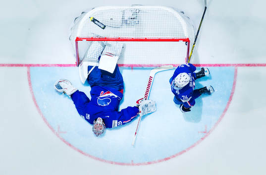 Frankrikes målvakt Cristobal Huet och Nicolas Besch deppar