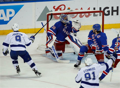Tampa Bay Lightning Tyler Johnson (L) scores his second