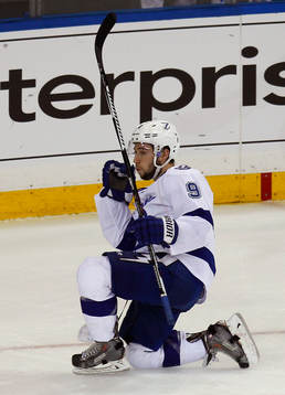 Tampa Bay Lightning Tyler Johnson celebrates his second