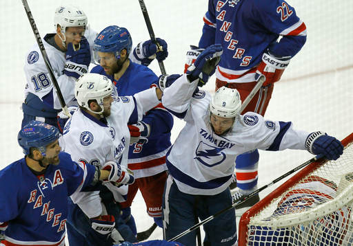 Tampa Bay Lightning Tyler Johnson (R) celebrates scoring