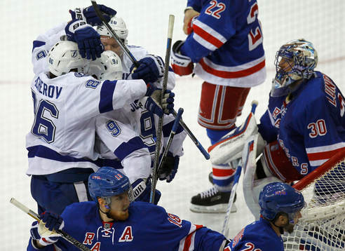 Tampa Bay Lightning Tyler Johnson (9) celebrates scoring
