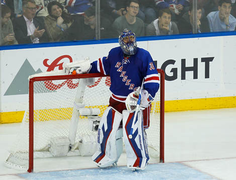 New York Rangers goalie Henrik Lundqvist looks at the