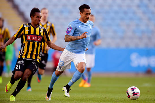 Malmö FFs Victor Yoshimar Yotun Flores jagas av Häckens