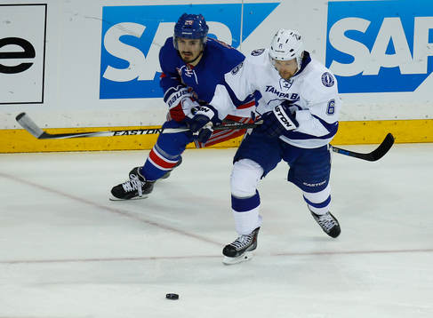 Tampa Bay Lightning Anton Stralman (R) skates away from New