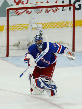 New York Rangers goalie Henrik Lundqvist skates to the