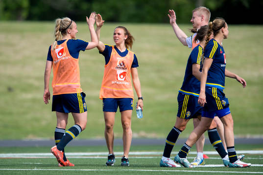 Sveriges Jessica Samuelsson gör highfive