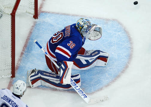 New York Rangers goalie Henrik Lundqvist makes a save