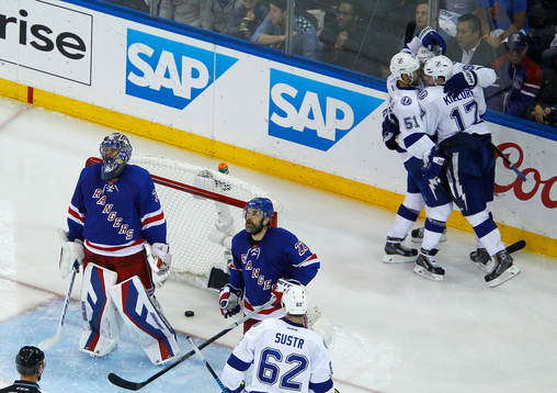 Tampa Bay Lightning Alex Kilorn (17) is congratulated by