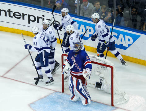 New York Rangers goalie Henrik Lundqvist looks up as Tampa