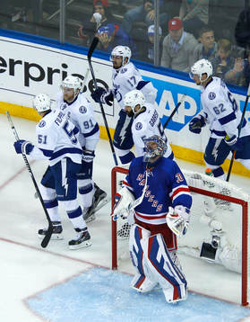New York Rangers goalie Henrik Lundqvist looks up as Tampa