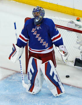 New York Rangers goalie Henrik LUndqvist stands in the
