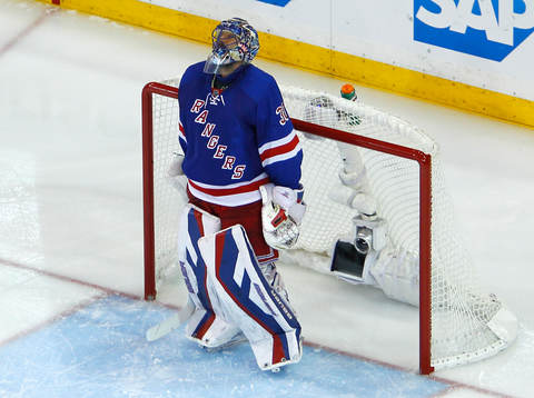 New York Rangers goalie Henrik Lundqvist stands in the
