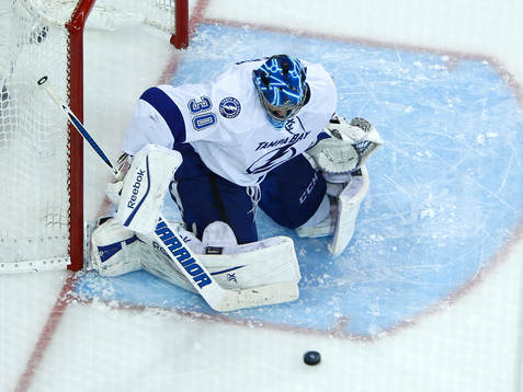 Tampa Bay Lightning goalie Ben Bishop makes a save against