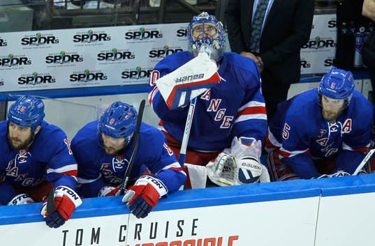 New York Rangers goalie Henrik Lundqvist sits