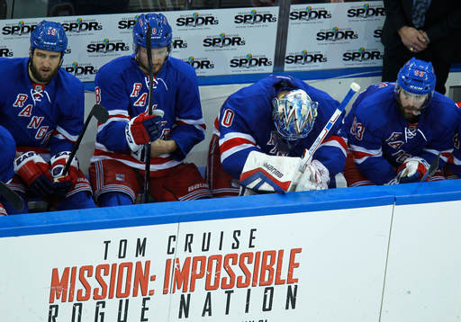 New York Rangers goalie Henrik Lundqvist hangs his head