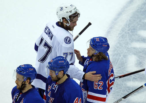 Tampa Bay Lighting Victor Hedmann consoles New York Rangers