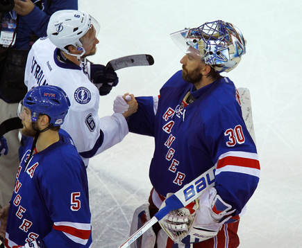 Tampa Bay Lighting Anton Stralman (L) shakes hands with New