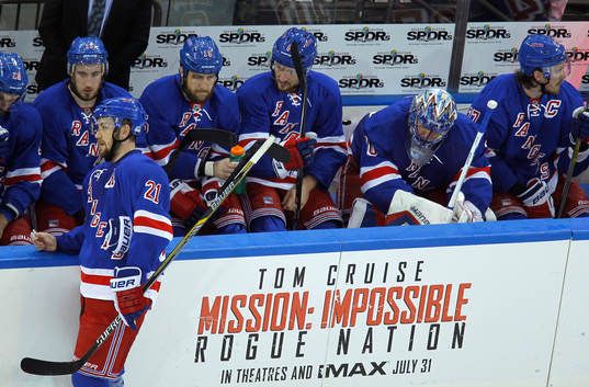 New York Rangers goalie Henrik Lundqvist (2nd R) sits