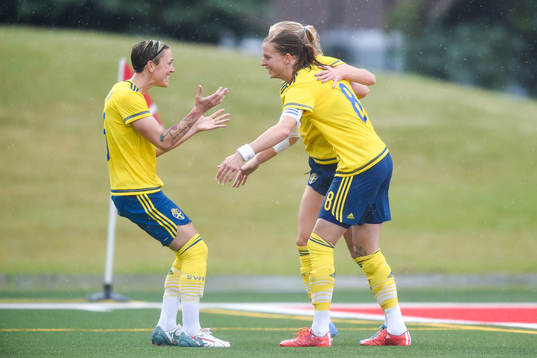 Sveriges Therese Sjögran och Lotta Schelin jublar