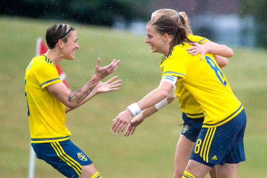 Sveriges Therese Sjögran och Lotta Schelin firar