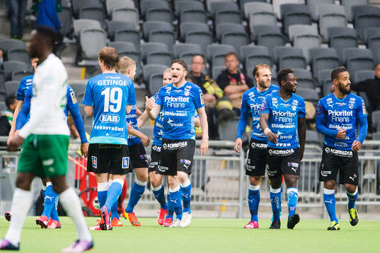 Halmstads spelare med James Keene i mitten jublar