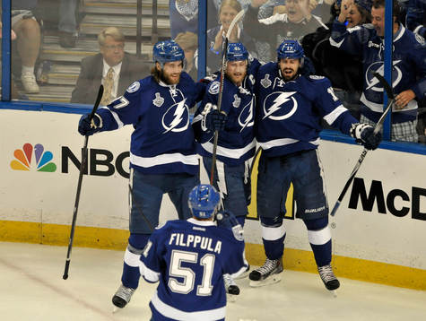 The Lightning's Victor Hedman (77), Steven Stamkos (91),